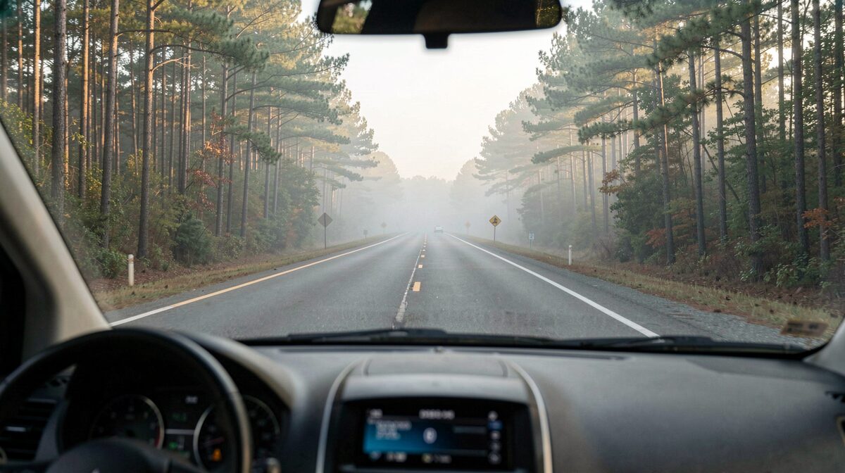 Jalan dua lajur US Highway 19 di Georgia selatan pada pagi hari, pohon pinus di kedua sisi, kabut tipis di kejauhan, diambil dari dalam mobil dengan sudut pandang pengemudi.